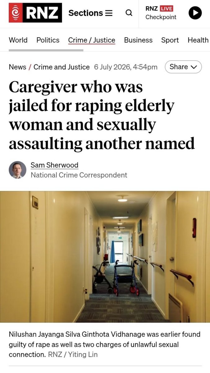 2ETEKA's tweet photo. 🚩Its happened again. 

A Sri lankan permanent resident who was a caregiver at a care home has been jailed for more than a decade after raping an elderly woman and sexually assaulting another.

The suppression order was lifted allowing  Nilushan Jayanga Silva Ginthota Vidhanage to be named, he was earlier found guilty of rape as well as two charges of unlawful sexual connection.

 The Judge said that Vidhanage had also pleaded guilty to a charge of intimidation which related to him "accosting or approaching" an 11-year-old girl after she had left school.

"You stopped your car, you asked her whether she wanted a cigarette, she declined. You then asked her whether she wanted a ride in your car she declined, and then you forcefully directed her to get in the car.”

RNZ reported that this animal will be deported back to Sri Lanka after he serves a third of his sentence.