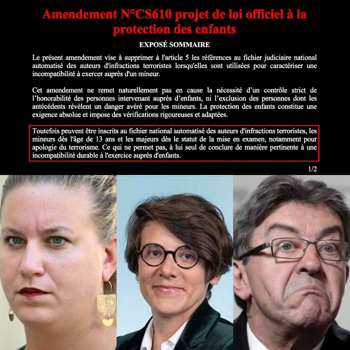 Guigz75116's tweet photo. LFI, le parti de la honte, continue son ignominie sans fin. 

Gabrielle Cathala dépose un amendement pour que des terroristes fichés FIJAIT (fichier judiciaire national automatisé des auteurs d’infractions terroristes) puissent accueillir des enfants de l’ASE. Panot valide, Mélenchon jubile : c’est leur ligne officielle en 2026.

Un parti mortifère qui préfère protéger les droits des jihadistes plutôt que la vie des enfants placés.

Et rappelez-vous : Attal, Philippe et la clique macroniste nous ont suppliés de voter pour eux en 2024. “Barrage républicain”, disaient-ils.

Aujourd’hui le barrage a sauté, la honte a inondé l’Assemblée.

LFI n’est pas un parti de gauche, c’est un parti de la décomposition nationale.

Et il est toujours autorisé en 2026.

La France pourrit de l’intérieur.
#LFI #PartiDeLaHonte #Ignominie