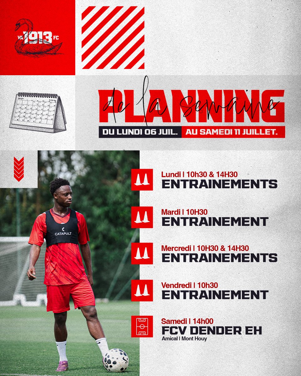 VAFC's tweet photo. 📅 Le planning de la semaine du @VAFC ! 🔴⚪

Au programme cette semaine :

🏃 Lundi : entraînements à 10h30  et 14h30 au Mont-Houy

🏃 Mardi : entraînement à 10h30 au Mont-Houy.

🏃 Mercredi : entraînement à 10h30 et 14h30 au Mont-Houy.

🏃 Vendredi : entraînement à 10h30 au Mont-Houy.

⚽ Samedi à 14h : match de préparation face au FCV Dender (D2 belge) au centre d'entraînement du Mont-Houy

🎟️ Rencontre ouverte au public