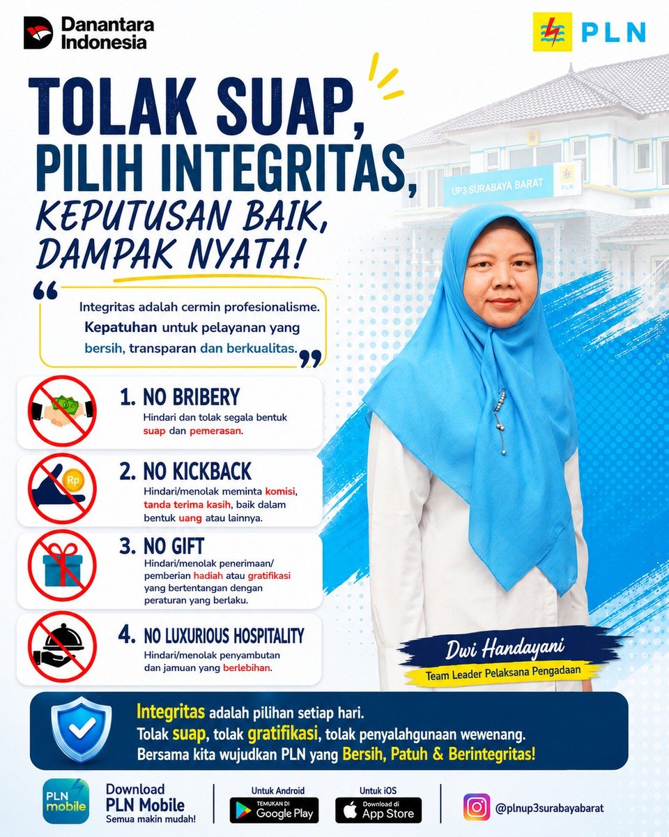 plnsbybarat's tweet photo. πΉ *TOLAK SUAP, PILIH INTEGRITAS* πΉ
"Integritas adalah cermin profesionalisme. Kepatuhan untuk pelayanan yang bersih, transparan, dan berkualitas.
-Dwi Handayani-
Team Leader Pelaksana Pengadaan
#IntegrityQuotes
#PLNUP3SbyBarat
#PLNNoGratifikasi
#PLNBerintegritas https://t.co/7iN3HYU9ls