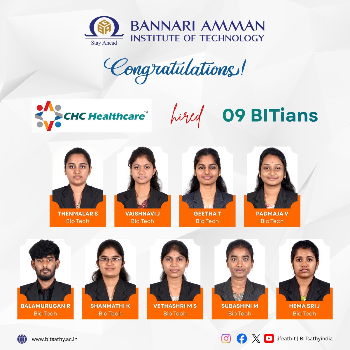 Bitsathyindia's tweet photo. 🎉 Congratulations to our Bio Technology students on securing placements at CHC Healthcare!

Wishing them continued success as they begin an exciting new chapter in their careers.

#BITSathy #BITLeads #Placements #CHCHealthcare #BioTechnology #teambit #lifeatbit https://t.co/gYxOimGhWs