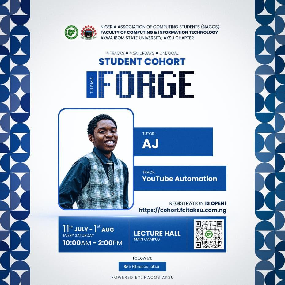 nacos_aksu's tweet photo. 🔥 MEET OUR FACILITATOR – AJ
AJ is a YouTube automation specialist skilled in video editing and viral content strategies.
Learn how to build an in-demand editing skill and monetize YouTube the smart way. 🎬🚀
#NACOSFCIT #AKSU https://t.co/9k3TKuWA60
