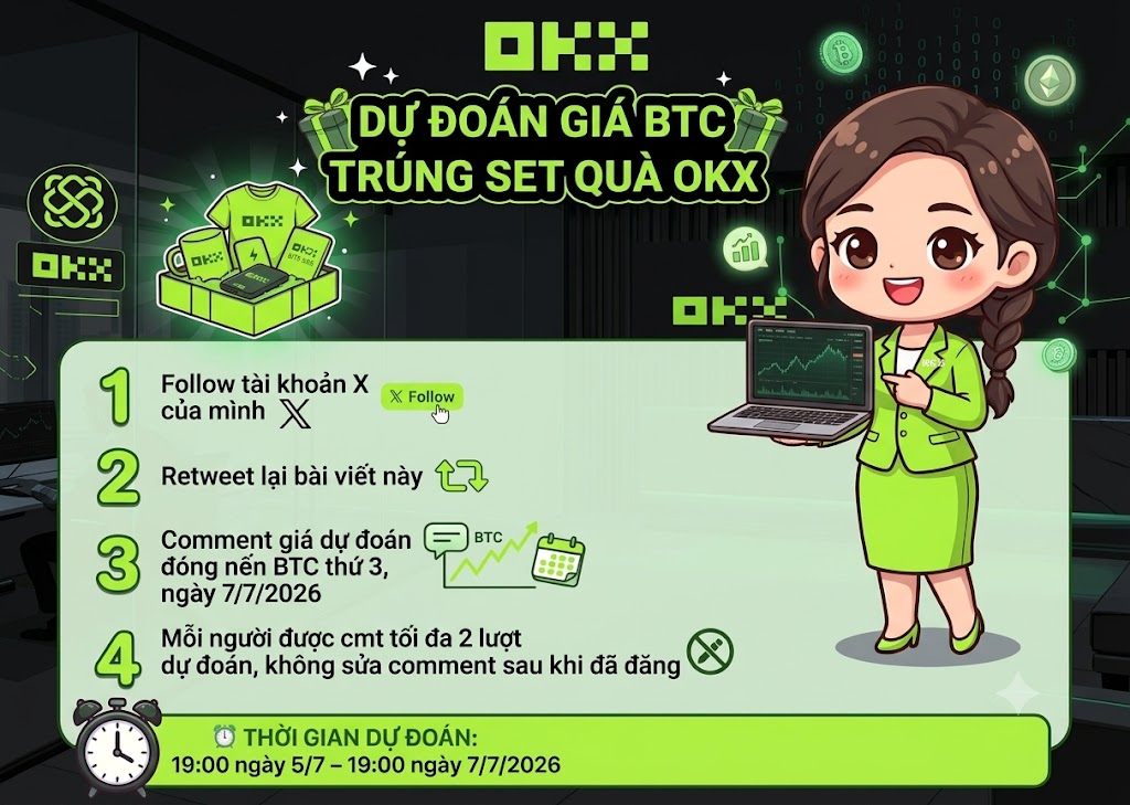 jennyokxvn's tweet photo. Tặng ngay 1 set quà WC cực xịn từ OKX tại post này. 
 
📌 THỂ LỆ THAM GIA: 
 1️⃣ Follow tài khoản X của mình 
 2️⃣ Retweet lại bài viết này
 3️⃣ Comment giá dự đoán đóng nến BTC ngày 7/7/2026  (UTC+7 )
4️⃣ Mỗi người được cmt tối đa 2 lượt dự đoán, không sửa comment sau khi đã đăng 
⏰ THỜI GIAN DỰ ĐOÁN: 14:00 ngày 6/7 – 12:00 ngày 7/7/2026 .
Ai dự đoán gần đúng nhất giá đóng nến sẽ là người thắng cuộc. Phần quà sẽ có vài điểm tương đồng, ko giống hoàn toàn so với hình ảnh.
 
Nhân dịp WC đang diễn ra, song hành cùng các hoạt động nổi bật của OKX, mình muốn có tí quà góp vui, anh em tham gia nhiệt tình nhé!!! 🏆⚽ 🎁

#OKX #BTC #Giveaway #WorldCup