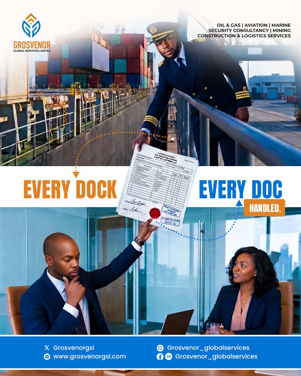 Grosvenorgsl's tweet photo. It's not just about the ship reaching port.
It's ensuring that every paper, every clearance, every stamp is documented right too.
Send A DM if you're in import/export, you'll need someone to handle them properly
#GrosvenorGlobal #MarineOperations #ClearedAndDelivered https://t.co/cYWIXCUUYk