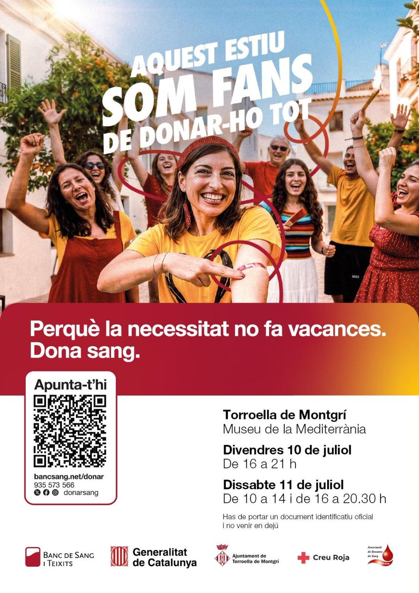 CreuRojaTdM's tweet photo. Aquesta setmana tenim donació de sang a Torroella de Montgrí. Divendres tarda i dissabte tot el dia ⬇️ Et sumes a regalar vida? ❣️ Durant l'estiu les necessitats no s'aturen, et necessitem! @donarsang https://t.co/KswFgX9YgI