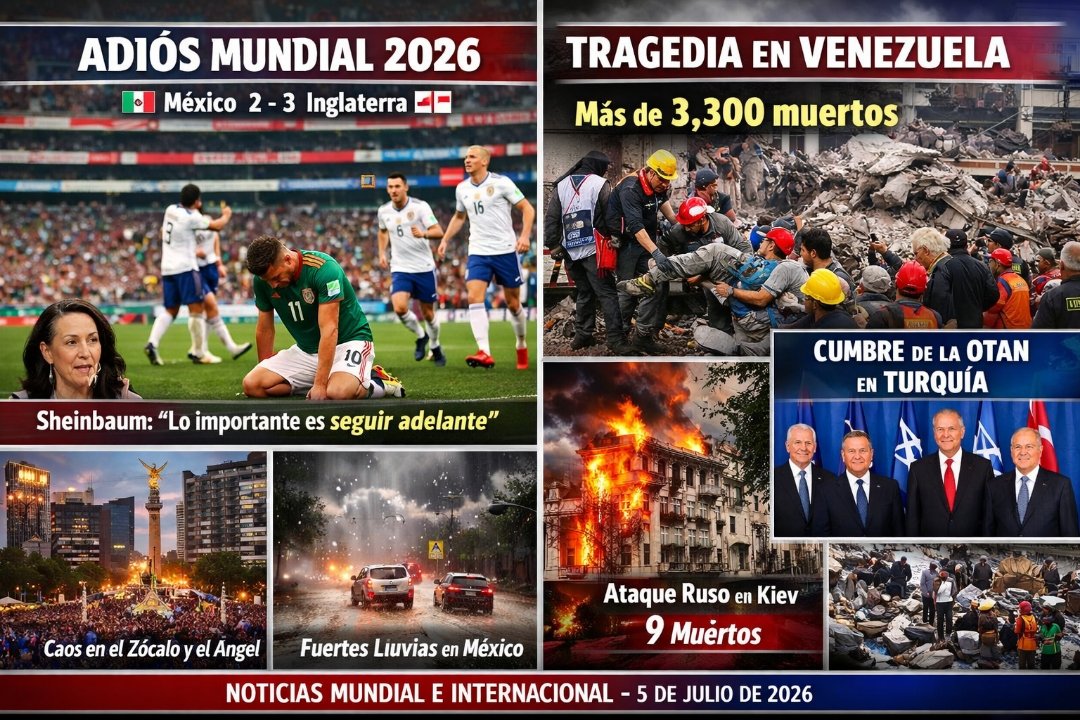 noticnacinter's tweet photo. Hoy,domingo 5/jul/26,la noticia nacional más destacada es la eliminación de 🇲🇽 del Mundial tras perder 3-2 contra Inglaterra;a nivel internacional,la tragedia en 🇻🇪 por los terremotos ya supera los 3,300 muertos y la cumbre de la OTAN en 🇹🇷 se desarrolla bajo gran tensión. https://t.co/nm3vNOVfLi