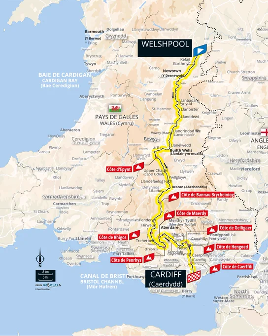 . A map of Wales highlighting a route running across the country, marking key locations for the Tour de France Grand Départ.