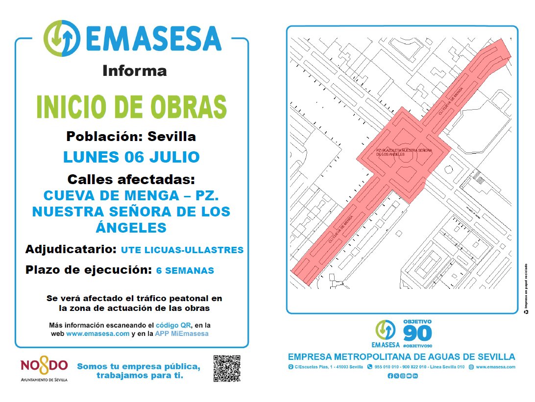 emasesa's tweet photo. 🚧RECUERDA #Hoy Inicio de Obras en Plazoleta Nuestra Señora de los Ángeles  @DtoEsteAlcTorre #Sevillahoy
ℹ️ Instalación de fuente bebedero
🗓️ 06/07/2026
⌚ 6 semanas
Gracias y disculpen las molestias. #TrabajamosParaTi
#EMASESA. #TuEmpresaPúblicaDelAgua
#TuAgua @Ayto_Sevilla https://t.co/TWWDHYFITF