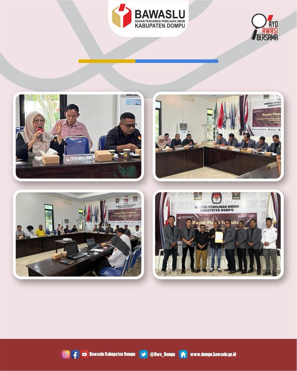 Bws_Dompu's tweet photo. Bawaslu Kabupaten Dompu menghadiri sekaligus melaksanakan pengawasan terhadap Rapat Pleno Terbuka Rekapitulasi Pemutakhiran Data Pemilih Berkelanjutan (PDPB) Triwulan II Tahun 2026 yang diselenggarakan oleh KPU Kabupaten Dompu di Aula Kantor KPU Kabupaten Dompu, Kamis (2/7/2026). https://t.co/srXg8TZAIp