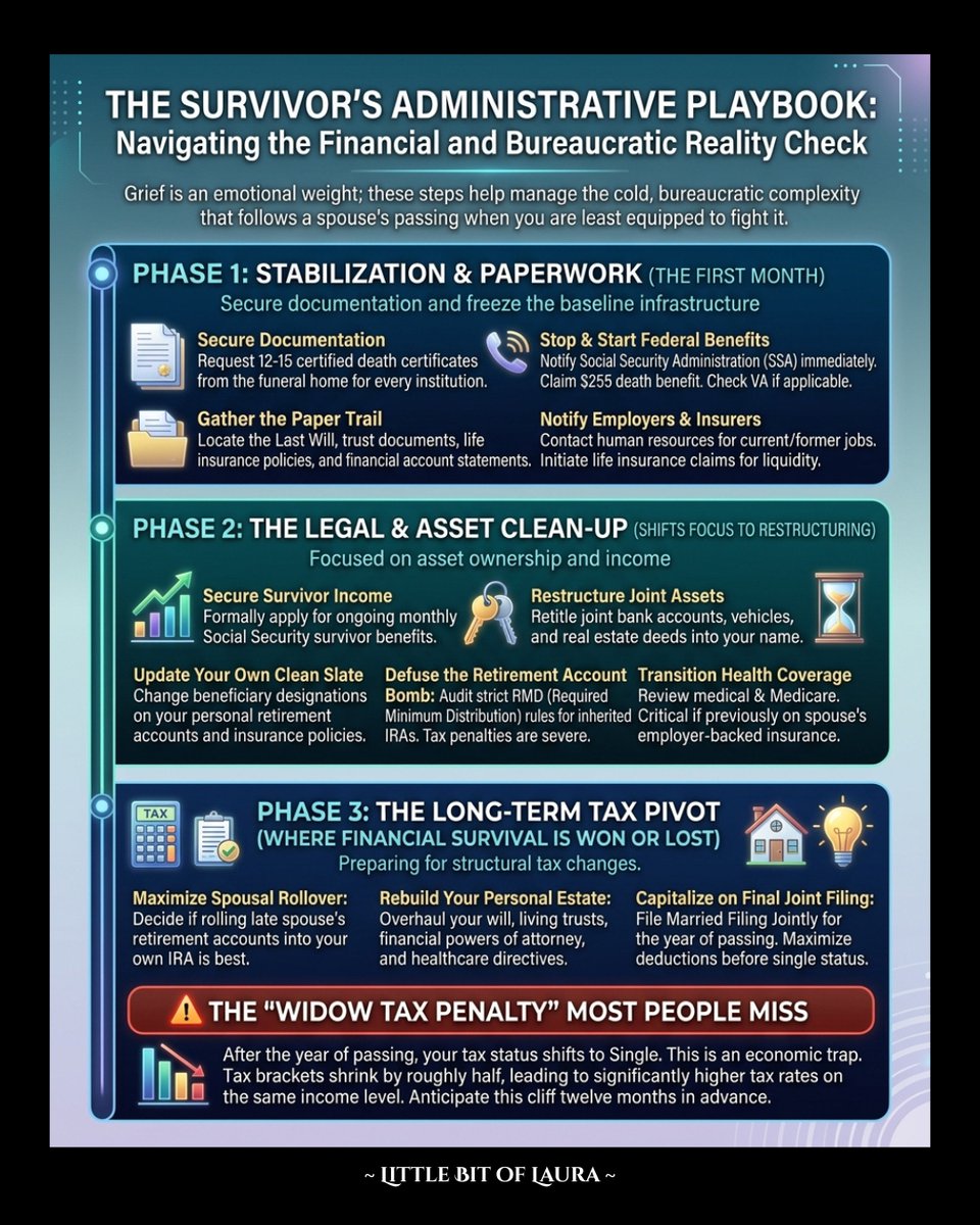 LittleBitOfLau's tweet photo. Grief is heavy, but the administrative side of losing a partner is a cold, bureaucratic reality check. The financial clock starts ticking immediately, and the red tape blindsides almost everyone. Here is a quick playbook to handle the system when you're least equipped to fight https://t.co/gnGXaqoex9