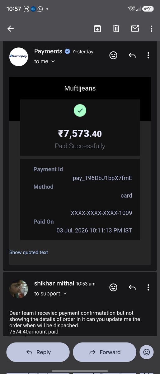 shikharmithal's tweet photo. @MuftiJeans i placed my order on 3rd july , payment deducted still order showing in wishlist i am emailing on customercare no response only automated reply came then no reply till date nor i get my funds back no reply what to do with mufti very bad service. https://t.co/yfH9QvUDvo