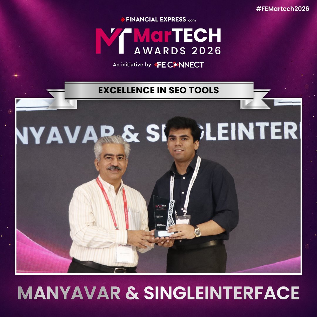 FEBrandWagon's tweet photo. 🏆Winner Announcement | #FEMartech2026
Congratulations to @Manyavar_  &amp; @Singleinterface for winning the Silver Award in the Excellence in SEO Tools category at the FE MarTech Awards 2026. https://t.co/gWI9wI5Ovc