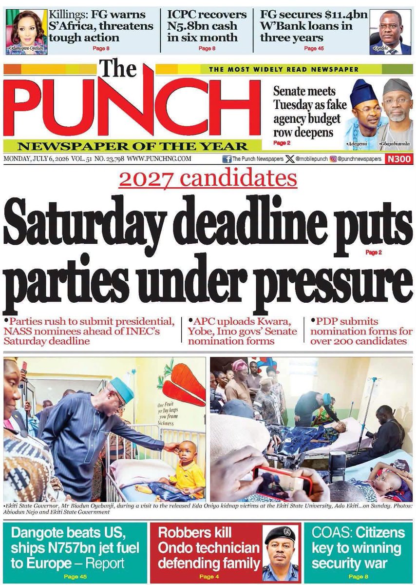 RhythmBayelsa's tweet photo. Good morning Rhythm Nation. Here’re the printed happenings across Nigeria, today Monday July 06, 2026 https://t.co/yyEqxASe5i