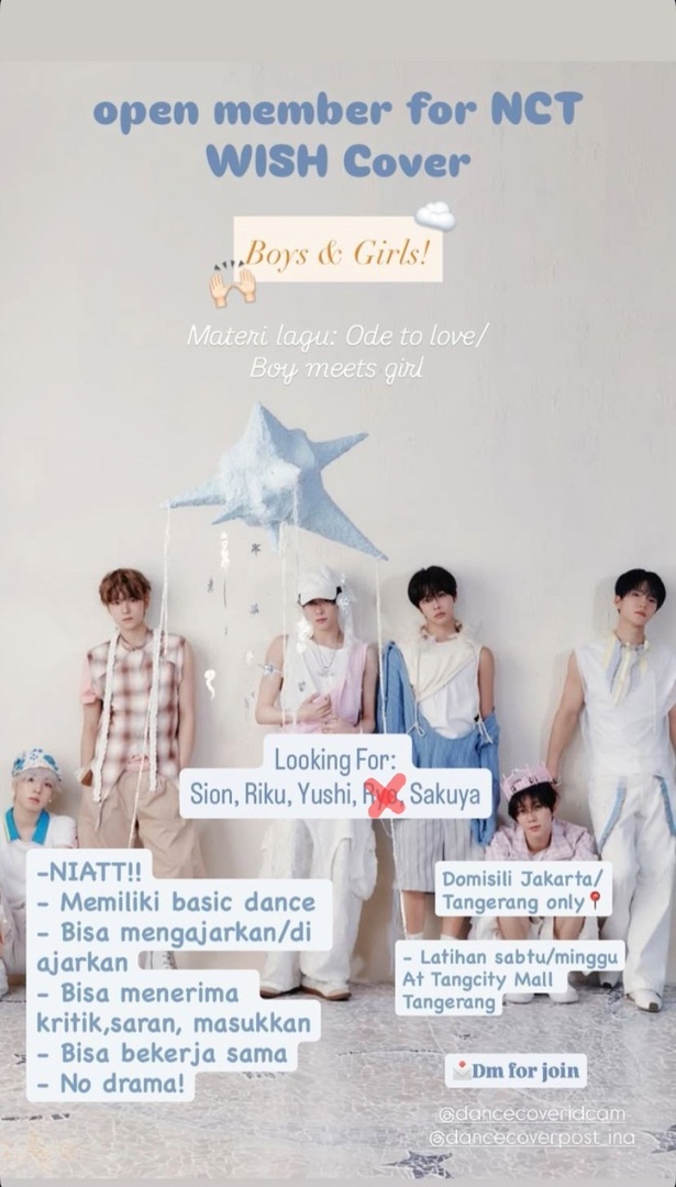 NCTWISH__Base's tweet photo. Wish! calling out all WISHIES area 𝐉𝐚𝐤𝐚𝐫𝐭𝐚 &amp; 𝐓𝐚𝐧𝐠𝐞𝐫𝐚𝐧𝐠! 

yg dom-nya diatas dan niat buat join NCT WISH Cover! kita lagi open nih guys. Info detail bisa cek di poster yaa. Reply for join nnti aku dm! thanks 💗 https://t.co/lvHgKZjyNT