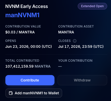 NVNM_Chain's tweet photo. Due to overwhelming demand for this @MANTRA_Chain community contribution event, we have extended the deadline for contribution by 10 days.

The new and FINAL deadline for contribution is now July 17 at 23:59 UTC. https://t.co/ttwaTrsu05