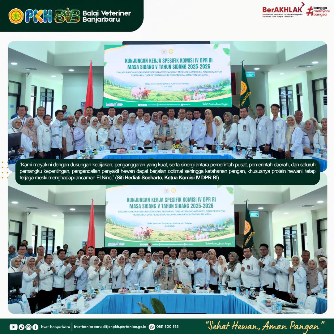 bvetbjb's tweet photo. Hai #SanakVeteriner 🖐🏻

📍 Kunjungan Kerja Spesifik Komisi IV DPR RI di Balai Veteriner Banjarbaru

Balai Veteriner Banjarbaru menerima kunjungan kerja spesifik Komisi IV DPR RI Masa Sidang V Tahun Sidang 2025–2026

#BalaiVeterinerBanjarbaru #KomisiIVDPRRI #KunjunganKerja #ElNino https://t.co/bEOfcDNjls