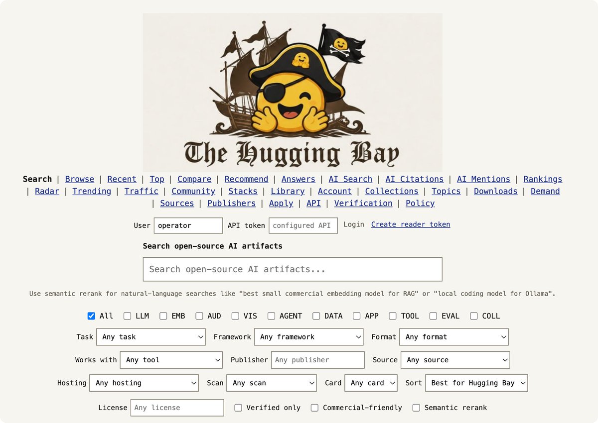 DataChaz's tweet photo. 🚨 THE "PIRATE BAY" FOR OPEN LLMS IS HERE

Hugging Bay is a new verified artifact registry for downloading model weights via torrents and hosted mirrors.

But it’s far more than just a file dump.

It’s a beautifully structured catalog where every artifact is checked for provenance and license clarity before indexing.

You can easily filter across categories:
→ LLMs & Embeddings (EMB)
→ Visual (VIS) & Audio (AUD) models
→ Open-source Agents & Datasets
→ Apps, Tools, and Evals

.. and there are many more feats to explore.

They’ve also built in semantic rerank.

It means you can search for natural-language queries like "best small commercial embedding model for RAG" and actually get a clean result.

really cool stuff.

check out the registry below ↓