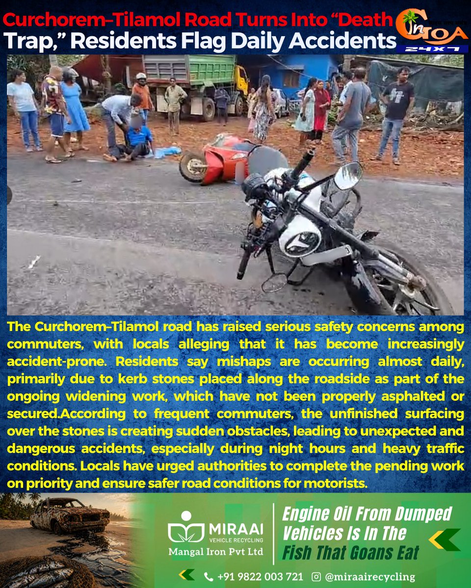 InGoa24x7's tweet photo. Curchorem–Tilamol Road Turns Into “Death Trap,” Residents Flag Daily Accidents
#Goa #GoaNEWS #Curchorem #RoadSafety #Infrastructure https://t.co/aUVKagXMxw