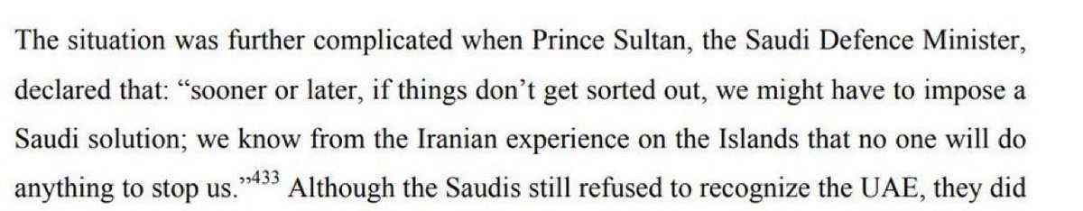 AAS_5G's tweet photo. السعودية لم تساهم ولم تؤيّد يوماً ما الإتحاد، ولن تكون .. كانت من أكثر الدول التي تسعى لإفشال مساعي الإتحاد

السعودية ومحاولاتها منذ بدايات الاتحاد وحتى الأزمة الأخيرة، واستهدافها التأثير على اتحاد 🇦🇪 التاريخ يعيد نفسه، والثابت أنها جميعاً فاشلة ومن ذات الدولة

قبل اعتراف المملكة في 74 ، ونظراً للخلافات الحدودية، أبلغ كمال أدهم مستشار الملك فيصل أنهم قد يلجأون للقوة ضد أبوظبي في حال عدم الاتفاق على المسائل الحدودية

تحدث السفير موريس أن الملك فيصل أوضح : "بطريقة أو أخرى يجب تسوية المناطق المتنازع عليها، وإذا لم تكن عن طريق التفاوض فستكون بوسائل أخرى"

هدد الملك فيصل بحل المناطق المتنازع عليها مع أو بدون مفاوضات

كان الوضع أكثر تعقيداً عندما أعلن الأمير سلطان وزير الدفاع: "عاجلاً أو آجلاً، إذا لم يتم حل الأمور، فقد يتعين علينا فرض الحل السعودي. نحن نعلم من التجربة الإيرانية في الجزر أنه لن يمنعنا أحد من فعل أي شيء"

سعت السعودية إلى محاولاتها لعزل أبوظبي عن بقية الإمارات، وكانت تعمل خطوطاً مع كل إمارة بشكل منفرد في محاولة لتهديد مسيرة الاتحاد ولتقويض أبوظبي، والضغط عليها من أجل قبول اقتراح الملك فيصل

بقيت الإمارات أكثر اتحاداً ورسوخاً، بينما من يحاول التأثير على هذا الاتحاد أصبح ضعيفاً مهترئاً ولم يعد يحترمه أحد