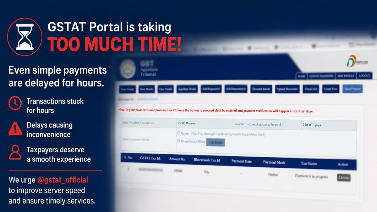 Ayushi1888's tweet photo. More than 60 hours have passed, yet the payment remains 'in progress'.Urgent intervention is needed to improve the GSTAT portal. #FixGSTATPortal @Infosys_GSTN @GST_Council https://t.co/zfm3jewidn