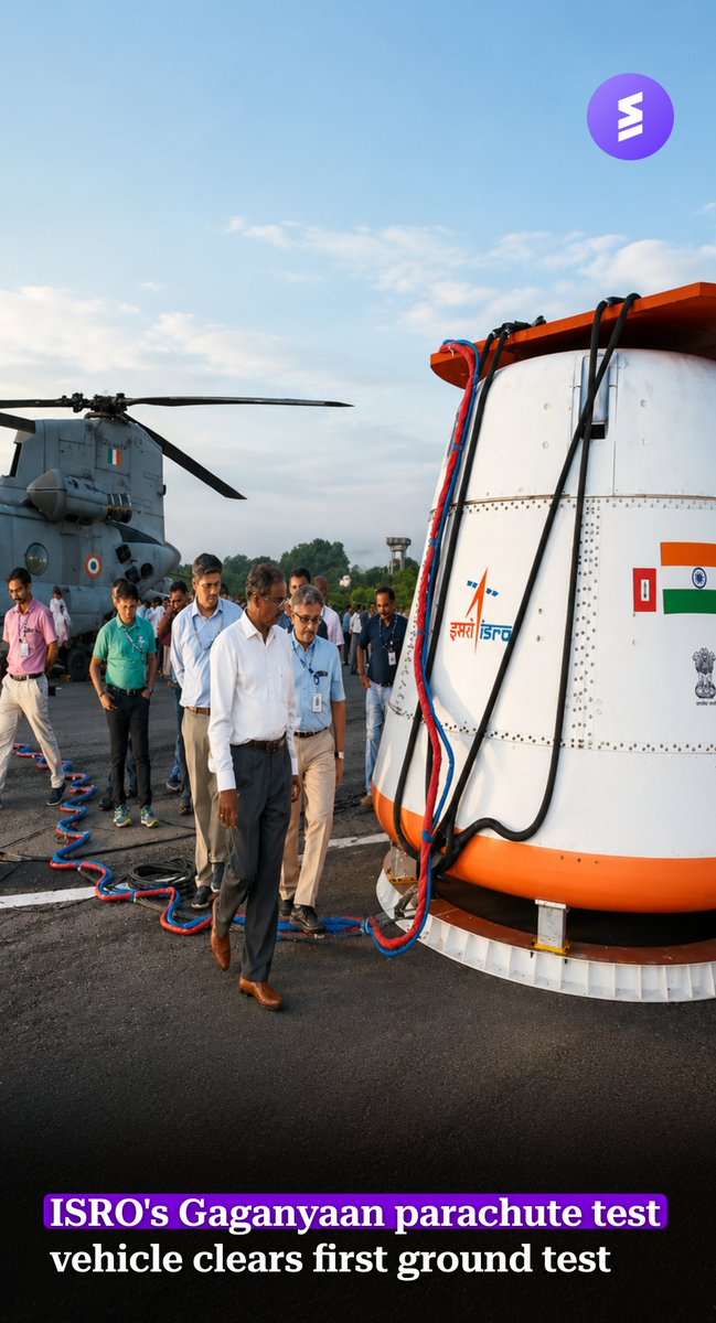 SHORTLY__NEWS's tweet photo. ISRO's Gaganyaan parachute test vehicle clears its first ground test—10 parachutes, one crew module, one safe splashdown. India's human spaceflight mission just took a significant step forward.🚀🇮🇳
@isro @INSPACEind
#gaganyaan #isro #humanspaceflight #india #parachute #spaceIndia https://t.co/dN7XfRGIwZ