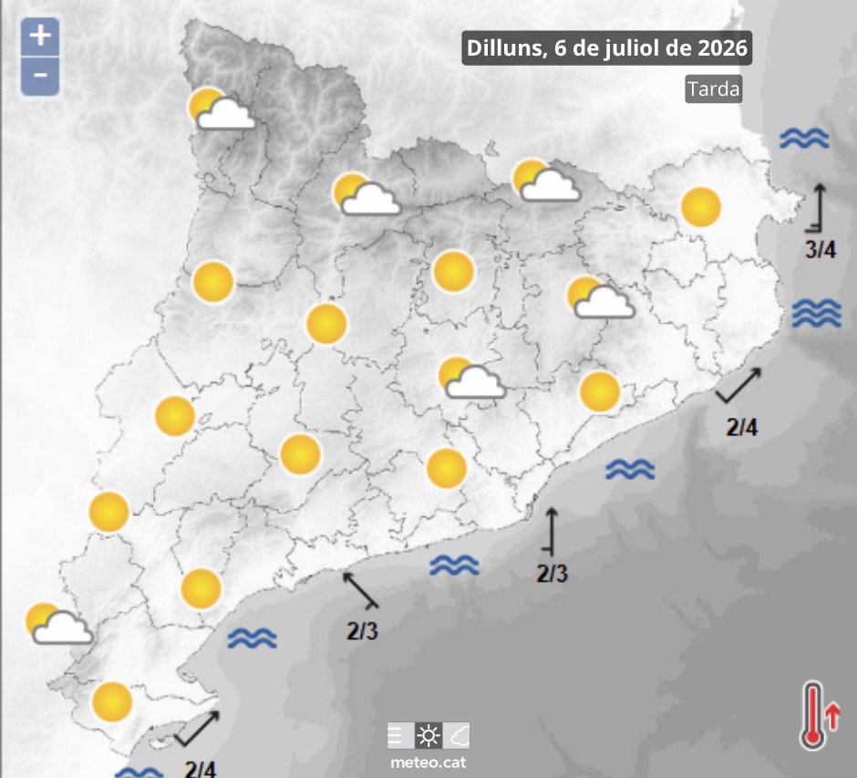 meteocat's tweet photo. Avui predominarà l'ambient assolellat i l'arribada d'una massa d'aire càlida farà pujar el termòmetre arreu, principalment a Ponent. https://t.co/mJKkh5gtwX