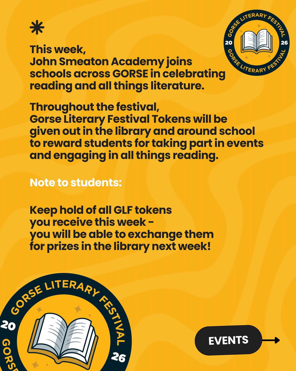 JsaLibrary's tweet photo. This week, JSA is proud to take part in the #GorseLiteraryFestival - a week of events aimed at celebrating reading, igniting imagination, and building confident readers. Students who take part in events will win special #GLF tokens - which can be exchanged for prizes next week. https://t.co/JddYg7Vl53