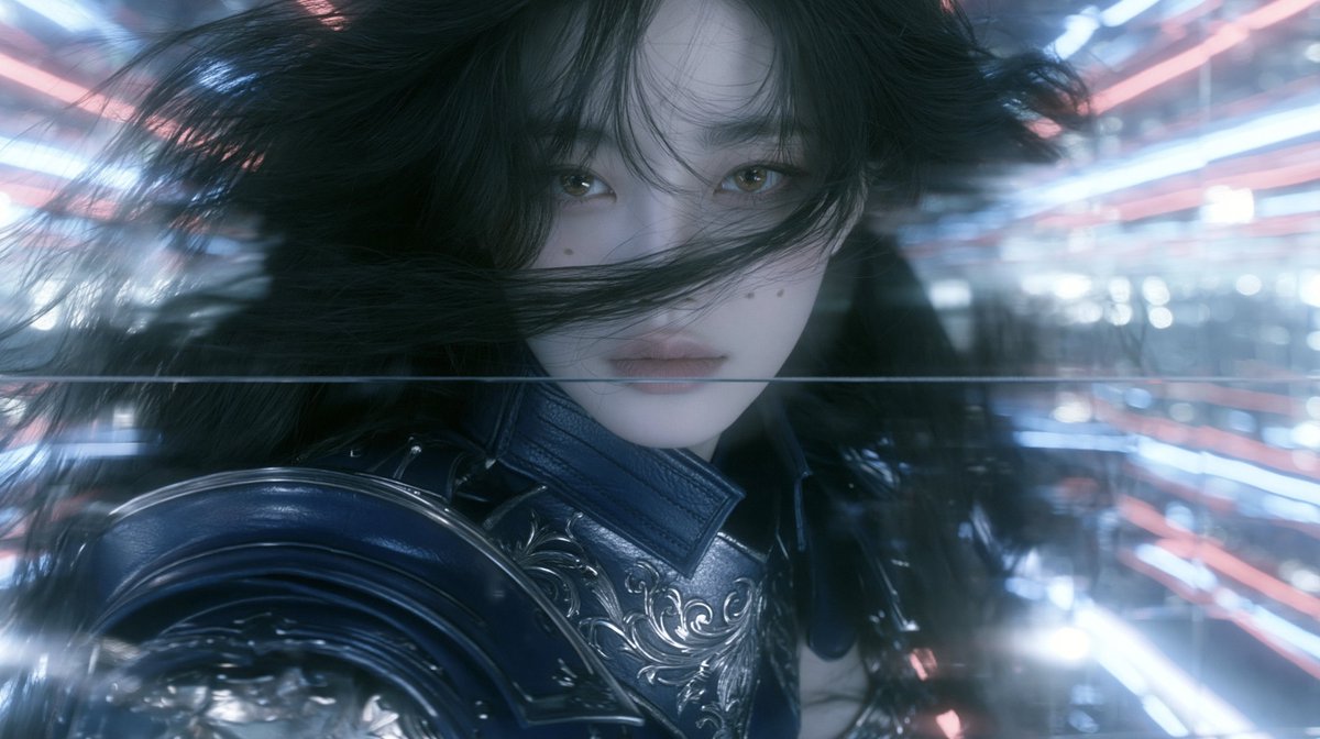 JWPR_ai's tweet photo. cinematic film still shot through a pane of glass with faint horizontal seam lines crossing the frame, extreme close-up eye-level portrait of a statuesque Korean woman with voluptuous figure and full bust line at frame edge, gazing directly into the lens with calm detached expression, soft natural makeup, deep amber almond eyes, small beauty mark on right cheek, full lips, long jet-black naturally wavy hair with soft bangs streaming horizontally in wind, fine strands crossing her lips, porcelain skin, deep blue leather armor with silver filigree engraving and high structured collar, layered pauldron at shoulder, mirrored studio walls behind reflecting infinite red and blue neon light bars into hazy bokeh, ghostly glass reflections doubling her silhouette, shot on ARRI ALEXA 35, 85mm prime f/1.2, cold key with crimson neon rim-light grazing her hair edge, serene otherworldly stillness, steel-blue monochrome CCD grade with rose neon accents bleeding into milky highlights, Fuji vintage scan, restrained saturation, emulsion-level fine grain --ar 16:9 --style raw --preview --no illustration, anime, CGI, 3d render, plastic skin, warm tones