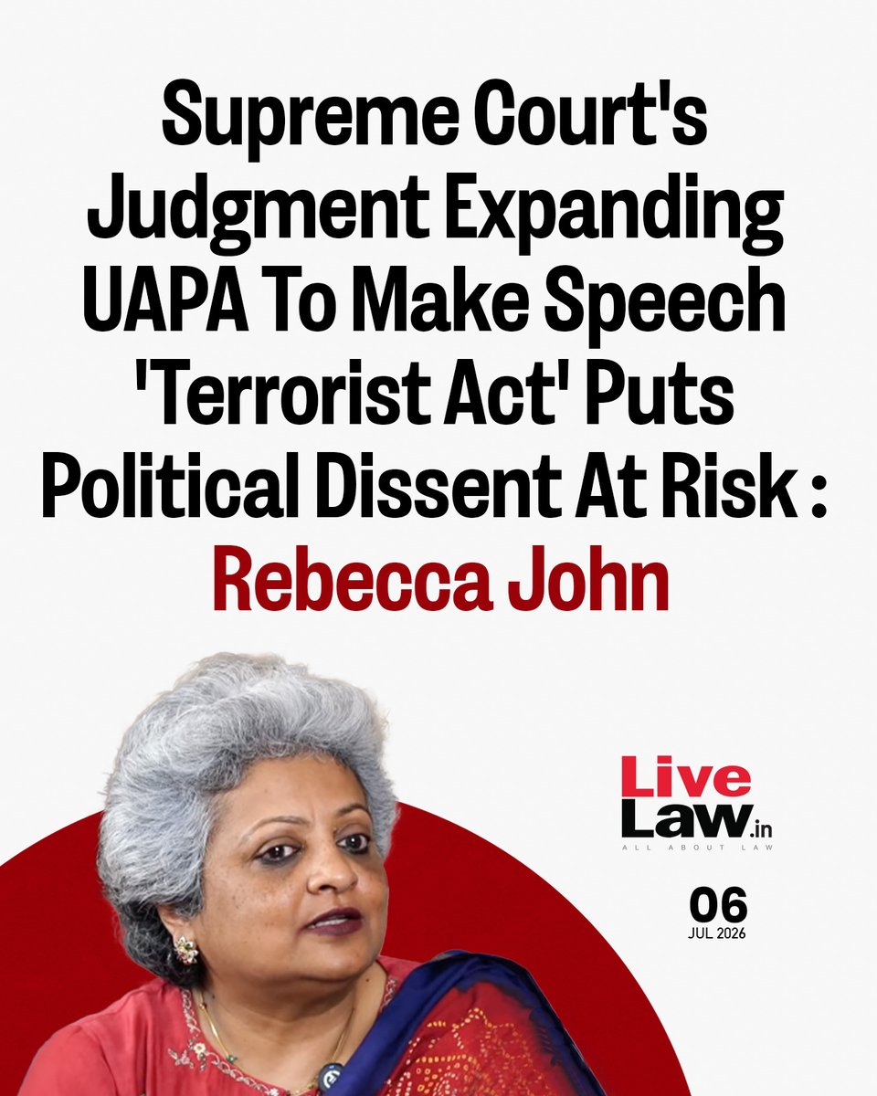 LiveLawIndia's tweet photo. Senior Advocate Rebecca John today raised concern over the Supreme Court's expansion of the definition of 'terrorist act' under Section 15 of the Unlawful Activities (Prevention) Act (UAPA) to include speech-related offences in the Gulfisha Fatima-Delhi riots larger conspiracy case.
Read more: https://t.co/QXIU1ioT7a
#RebeccaJohn  #SupremeCourt #terroristact #Section15 #UAPA