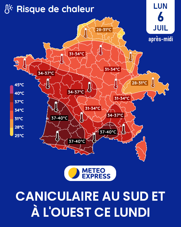 MeteoExpress's tweet photo. 🌡️ La canicule s'affirme ce lundi avec 37 à 40°C de l'Aquitaine au Languedoc. ➡ https://t.co/3SZnwKCAD7 https://t.co/ENnBb7tq4C