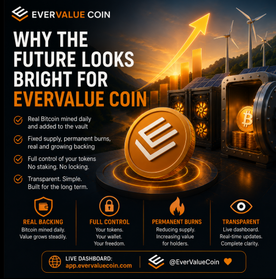 CaptainDef1i's tweet photo. The future is looking very bright for $EVA.    

Real daily Bitcoin mining. Growing vault backing. Fixed supply. Transparent progress.    

A project that keeps getting stronger, quietly and consistently.    

If you believe in real value and long-term growth, this is one to watch closely.  https://t.co/64xTZ5YEbW   

@EverValueCoin 🧡