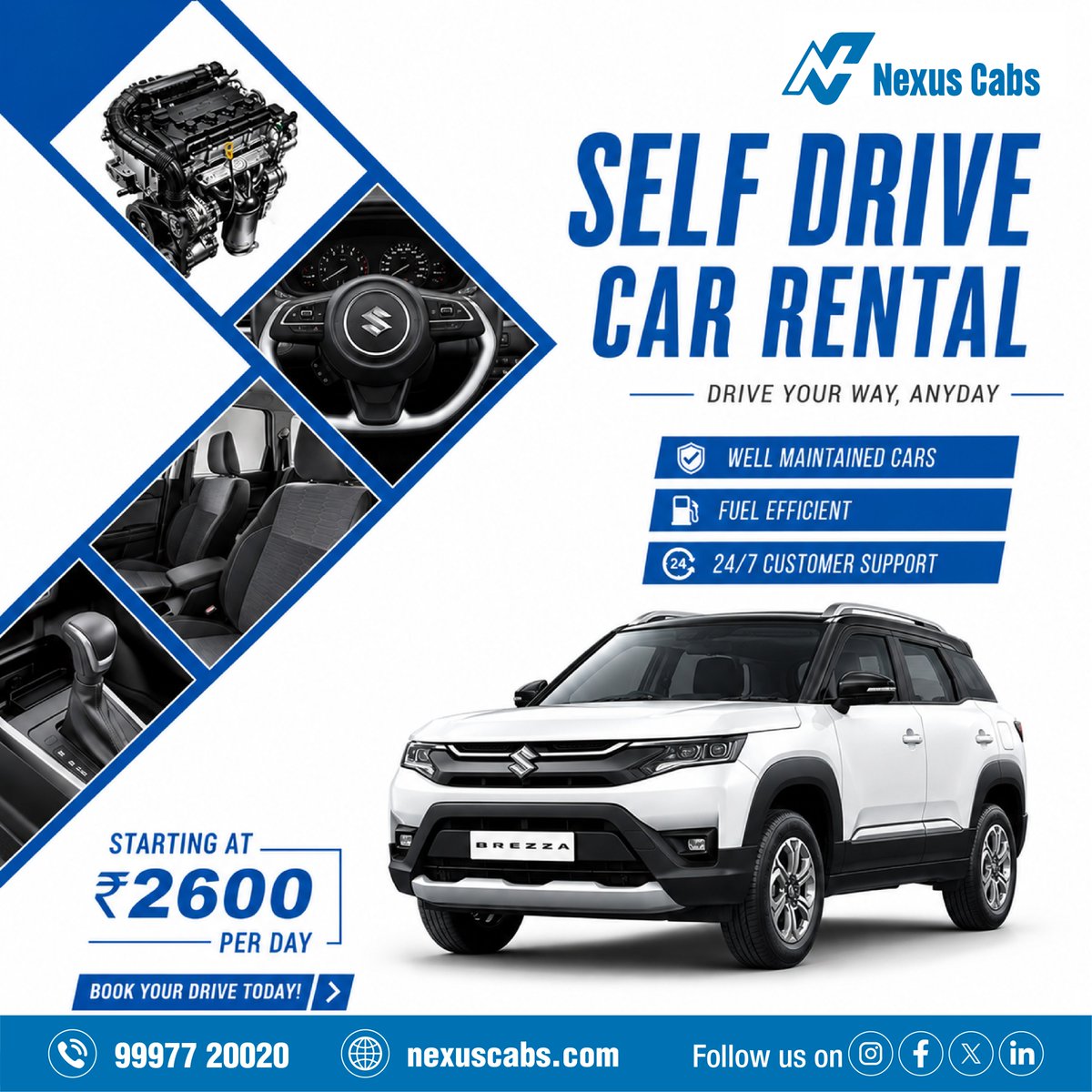 nexus_cabs's tweet photo. Your next road trip starts with the perfect ride! Rent the stylish Maruti Brezza from Nexus Cabs starting at just ₹2600/day. Enjoy a smooth self-drive experience with well-maintained cars, fuel efficiency, and 24/7 customer support.

#NexusCabs #SelfDrive #SelfDriveCars https://t.co/XKyeowT8m1