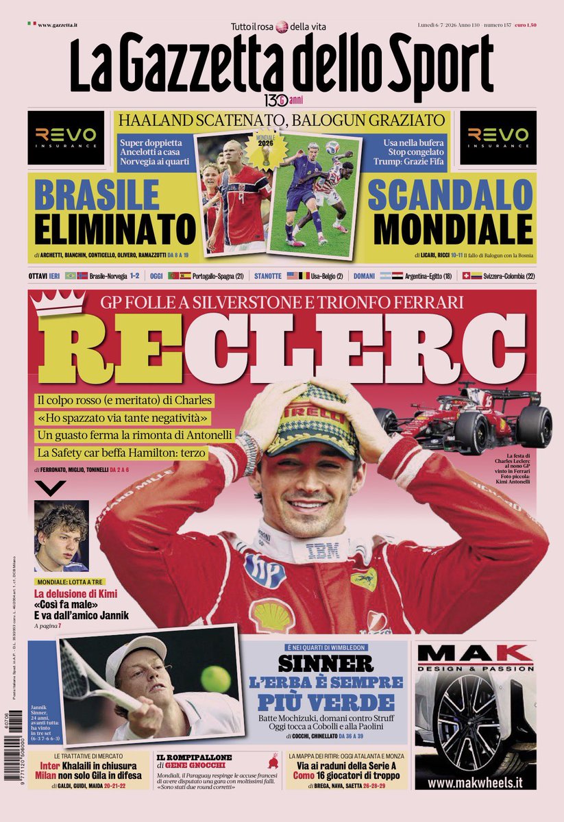 Guillaumemp's tweet photo. "Le roi Leclerc", "King Charles", "Prince Charles" : Les Unes des quotidiens sportifs italiens ce lundi, toutes dédiées à la victoire de Charles #Leclerc à Silverstone dimanche 🗞️ https://t.co/BbI8G02E6L