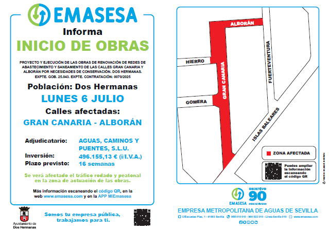 emasesa's tweet photo. 🚧RECUERDA #Hoy Inicio de Obras en Cs/ Gran Canaria y Alborán en #DosHermanas
ℹ️ Sustitución Redes Abastecimiento y Saneamiento
🗓️ 06/07/2026
⌚ 16 semanas
Gracias y disculpen las molestias. #TrabajamosParaTi
#EMASESA. #TuEmpresaPúblicaDelAgua
#TuAgua @aytodoshermanas https://t.co/HLJfcP5dNn