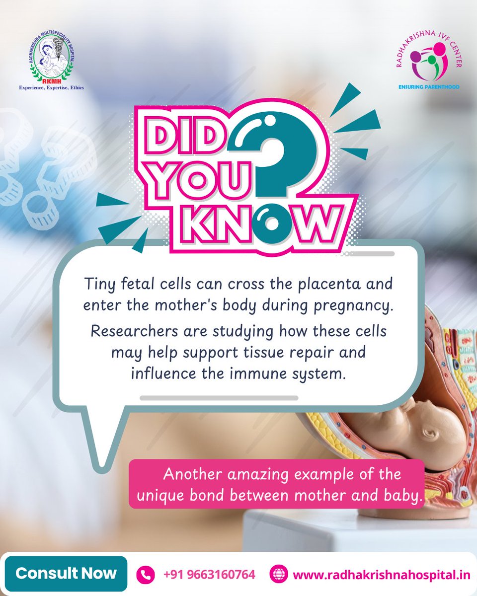 radhakrishnaivf's tweet photo. Did you know?
 Tiny fetal cells can remain in a mother's body long after pregnancy, highlighting the incredible connection between mother and baby.

📞 +91 9663160764
🌐 https://t.co/XeWjXqBcXc

#DidYouKnow #PregnancyFacts #MotherAndBaby  #WomensHealth #RadhakrishnaIVF https://t.co/2WUnqJp1VP