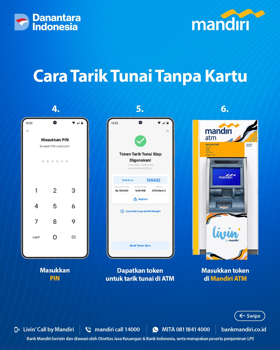 bankmandiri's tweet photo. Pernah udah sampai Mandiri ATM, baru sadar gak bawa kartu? 😅

Tenang, gak perlu buru-buru pulang.

Kamu tetap bisa tarik tunai tanpa kartu dengan mudah langsung di fitur Setor Tarik dari Livin’ by Mandiri.

Praktis, Mudah, Nyaman dan Bebas Biaya!🙌🏼
Swipe sampai habis untuk tau caranya! 👉

Info lengkap: https://t.co/jErqazRCsE

Nyaman Transaksinya, Nyaman Layanannya, Nyaman Bersama Mandiri.

Bank Mandiri berizin dan diawasi oleh Otoritas Jasa Keuangan dan Bank Indonesia, serta merupakan peserta penjaminan LPS.

#NyamanBersamaMandiri
#Livin #LivinbyMandiri
#BankMandiri