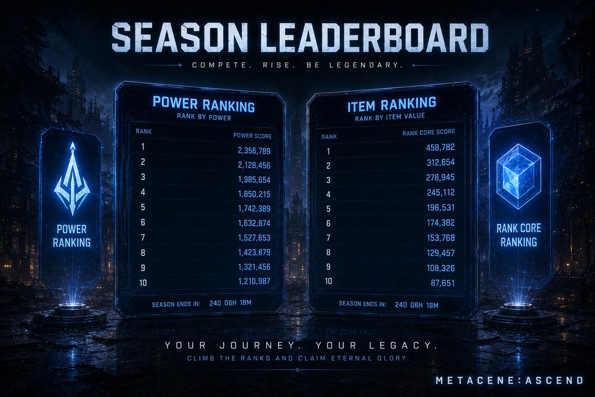 MetaCeneGame's tweet photo. 🏆 METACENE: ASCEND New Season Leaderboards are coming!

A new season. A new challenge.

⚔️ Power Leaderboard
Increase your Power and compete with players from around the world!
• Better gear means higher Power.

🎒 Rank Core Leaderboard
Collect Rank Cores and climb the leaderboard!
• Get Rank Cores by defeating monsters or mining.
• Rank Cores can also be obtained from PvP battles.

🔥 Who will reach the top this season?

The challenge begins soon!