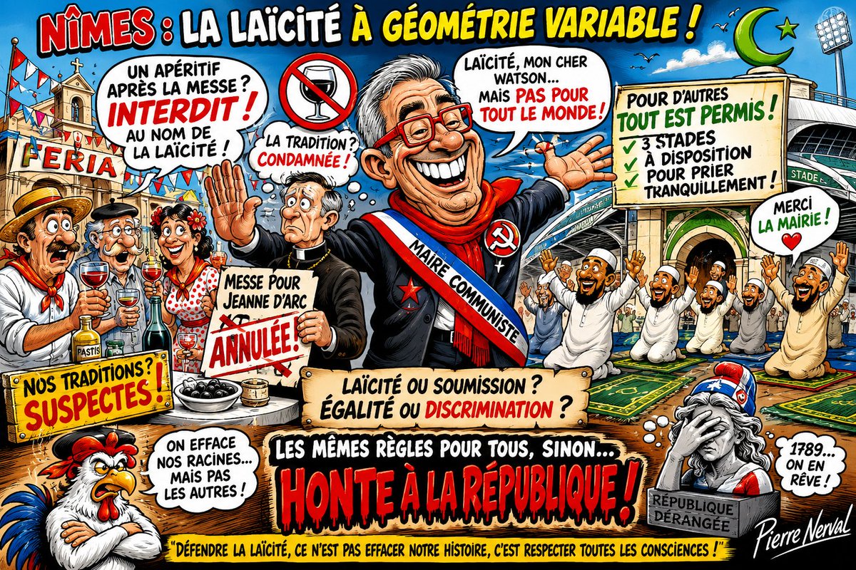 PNerval's tweet photo. Billet d’humeur par Pierre Nerval
La laïcité à géométrie variable

La laïcité est devenue un mot magique. On le prononce, et tout serait permis. On l'agite comme un talisman, mais seulement lorsqu'il s'agit d'effacer ce qui rappelle les racines chrétiennes de la France.
À Nîmes, voilà qu'un apéritif convivial organisé à l'issue d'une messe de la Feria devient soudain un problème majeur. Quelques verres partagés entre habitants seraient donc une menace pour la République ? Voilà où nous en sommes.
L'apéritif n'était pourtant ni un sacrement, ni une opération de prosélytisme. C'était simplement un moment de convivialité, une tradition populaire où l'on échange, où l'on rit, où l'on fait vivre un patrimoine culturel autant qu'humain.
Mais certains élus semblent avoir découvert une nouvelle définition de la laïcité : tout ce qui rappelle le christianisme doit disparaître de l'espace public.
Croix, crèches, processions, traditions locales... tout devient suspect. L'Histoire elle-même paraît devoir être réécrite pour ne plus froisser personne.
...
Pendant ce temps, lorsqu'il s'agit d'autres expressions religieuses, le discours devient infiniment plus souple. Cette différence de traitement, qu'elle soit réelle ou simplement perçue, nourrit inévitablement un profond sentiment d'injustice chez beaucoup de citoyens.
La laïcité n'a pourtant jamais consisté à effacer deux mille ans d'histoire française.
La loi de 1905 garantit la liberté de conscience et la liberté des cultes. Elle impose la neutralité de l'État, non l'effacement des traditions culturelles qui façonnent nos villes depuis des siècles.
Être laïque ne signifie pas devenir amnésique.
On ne construit pas une nation en demandant à un seul héritage de s'excuser d'avoir existé.
Les traditions chrétiennes appartiennent au patrimoine français, qu'on soit croyant, agnostique ou athée. Elles racontent notre histoire, nos villages, nos cathédrales, nos fêtes populaires, notre calendrier, notre architecture et une partie de notre identité collective.
...
Ce qui choque aujourd'hui nombre de Français, ce n'est pas que chacun puisse pratiquer librement sa religion. C'est précisément l'impression que certaines traditions sont combattues tandis que d'autres bénéficient d'une bienveillance particulière.
La République devrait appliquer une règle simple : les mêmes principes pour tous.
Ni privilège.
Ni discrimination.
Ni deux poids, deux mesures.
Le communisme, lui, a largement été jugé par l'Histoire. Là où il s'est imposé, il a laissé derrière lui des régimes autoritaires, des économies ruinées et des dizaines de millions de victimes. Cette idéologie n'a jamais tenu les promesses d'égalité qu'elle proclamait.
Et pourtant, certaines de ses vieilles habitudes demeurent : croire que l'on peut remodeler la société en effaçant progressivement les héritages culturels jugés indésirables.
À force de vouloir fabriquer un pays sans mémoire, on finit par fabriquer une société sans repères.
...
La France mérite mieux qu'une laïcité sélective.
Elle mérite une laïcité impartiale, respectueuse de toutes les convictions et fidèle à son propre héritage.
Car défendre la République ne consiste pas à effacer son histoire.

Cela consiste à la transmettre.

Pierre Nerval