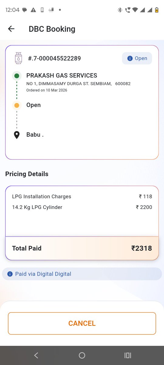 deepanmech9's tweet photo. @IndianOilcl @Indane_Gas @MoPNG_eSeva . My issue is still pending. I paid ₹2318 for an Additional DBC on 10 Mar 2026, but I have still not received the cylinder. Please escalate and resolve this at the earliest. https://t.co/DgT4L8Qclc