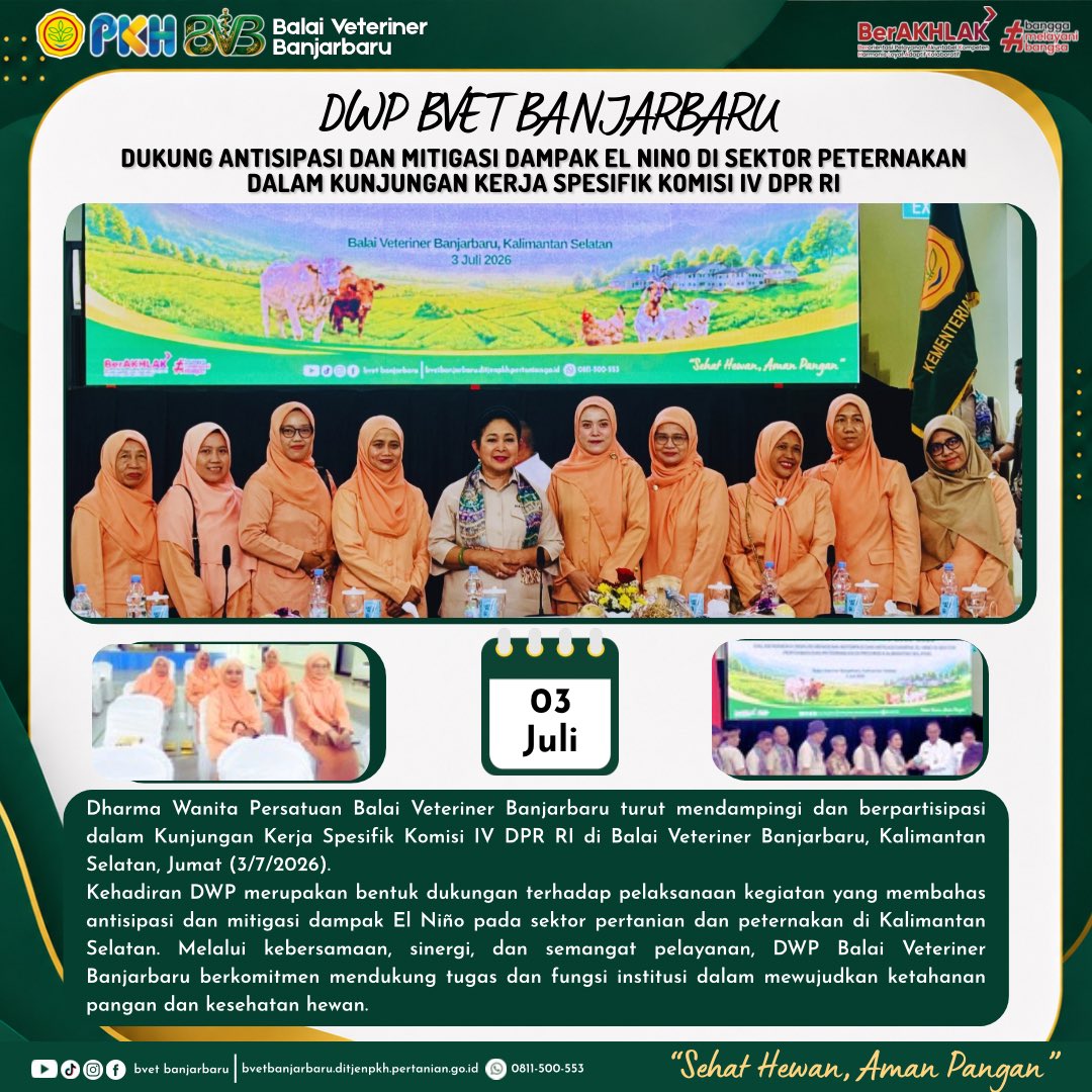 bvetbjb's tweet photo. Hai #SanakVeteriner! 🖐🏻
Dharma Wanita Persatuan Balai Veteriner Banjarbaru turut mendampingi Kunjungan Kerja Spesifik Komisi IV DPR RI di Balai Veteriner Banjarbaru sebagai bentuk dukungan terhadap penguatan sektor peternakan dan kesehatan hewan.

#DWPBVBanjarbaru #KomisiIVDPRRI https://t.co/j51Hp2SkNh