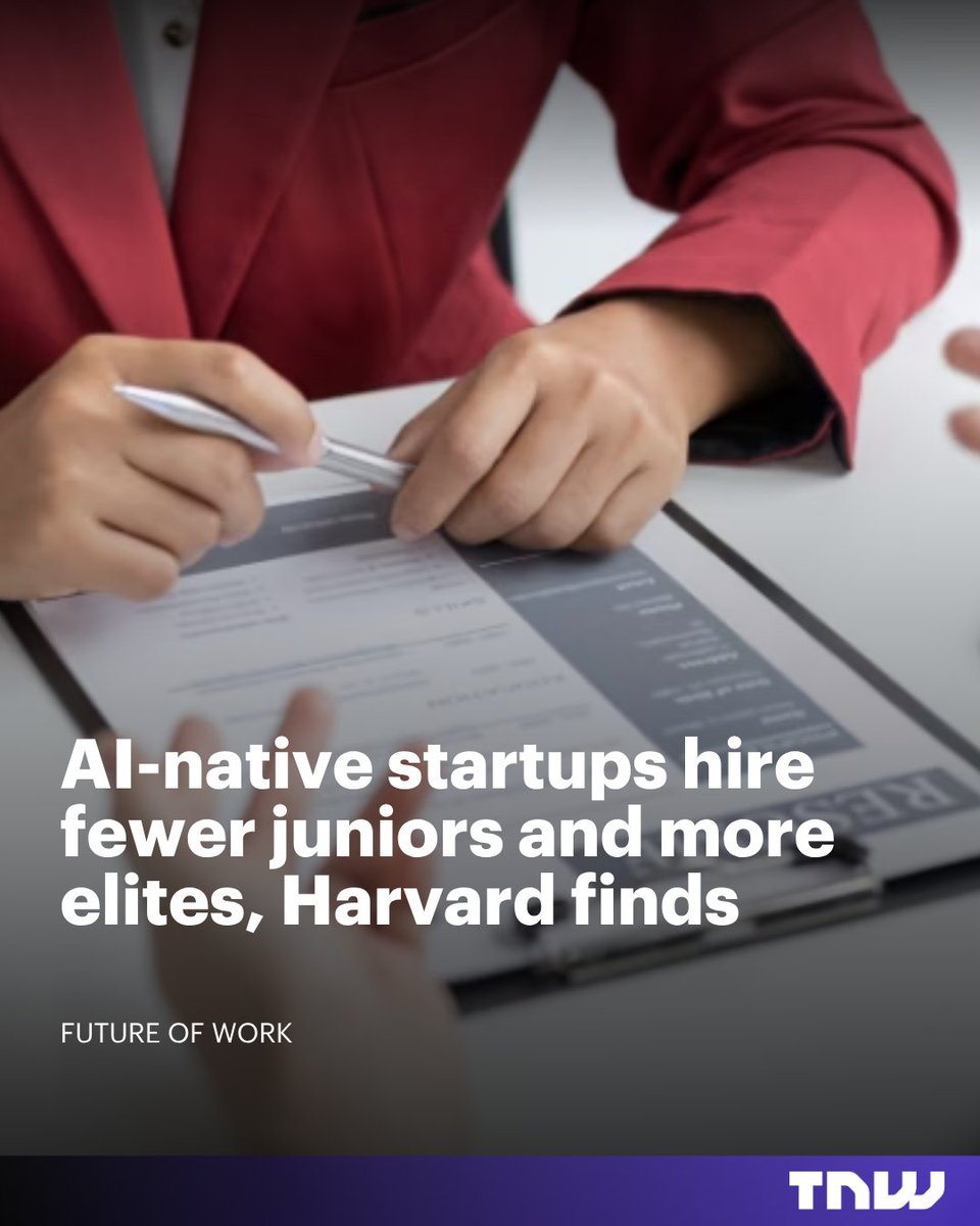 thenextweb's tweet photo. AI startups need 25% fewer people. Juniors take the hit.
Harvard looked at YC startups and found the AI-native ones hire 20% more seniors and far fewer beginners. The tech built to democratise work is quietly pulling up the ladder.
https://t.co/BUdvnyrWox https://t.co/DxFJhhdRod