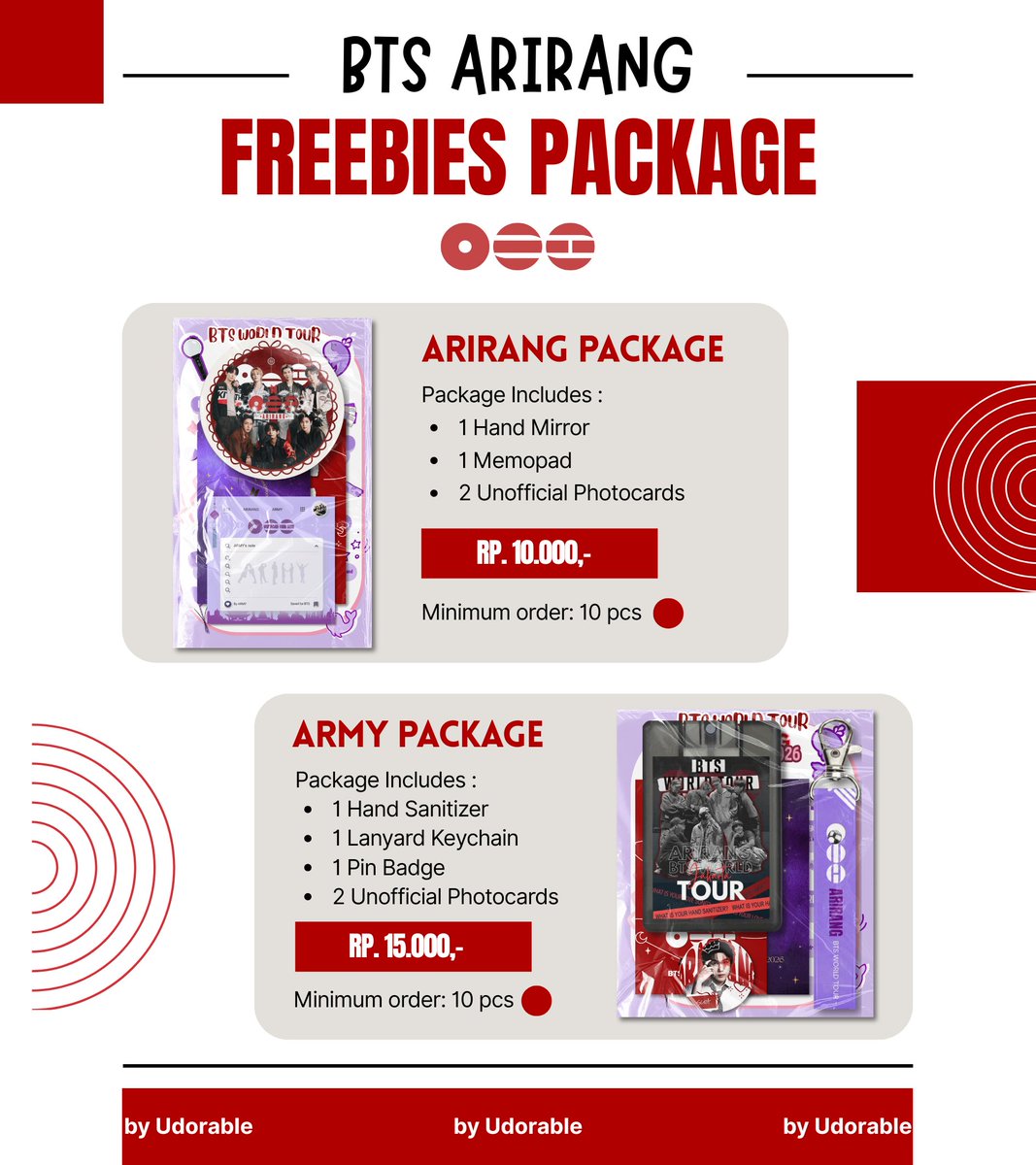 madebyudorable's tweet photo. [ HELP RT ]

Open PO Fanmerch
'BTS ARIRANG Freebies Package'

KATALOG : https://t.co/r164EA1kd3

💵 Harga : 10k - 15k/package
🕛 Close PO : 20 Juli 2026
✅ Min. order : 10pcs
📍 Tasikmalaya, Jawa Barat
📍 Banjarbaru, Kalimantan Selatan

Form order : https://t.co/ydyA4eN1Ei
⠀ https://t.co/lzf8UHo3tT