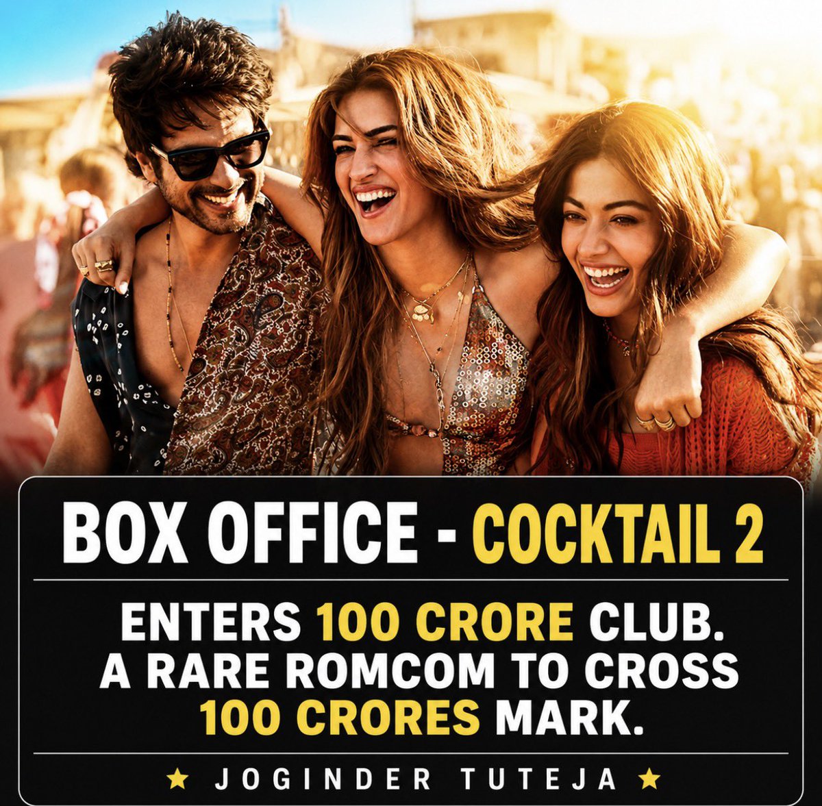 Tutejajoginder's tweet photo. #BoxOffice #Cocktail2 ENTERS 100 CRORE CLUB.

The film has turned out to be a rare romcom to cross the 100 crores mark. Cool look, chartbuster songs, interesting story, urban treatment and smart marketing have done the trick.

Total - 101.40 crores

#ShahidKapoor #KritiSanon #RashmikaMandanna

#MaddockFilms
