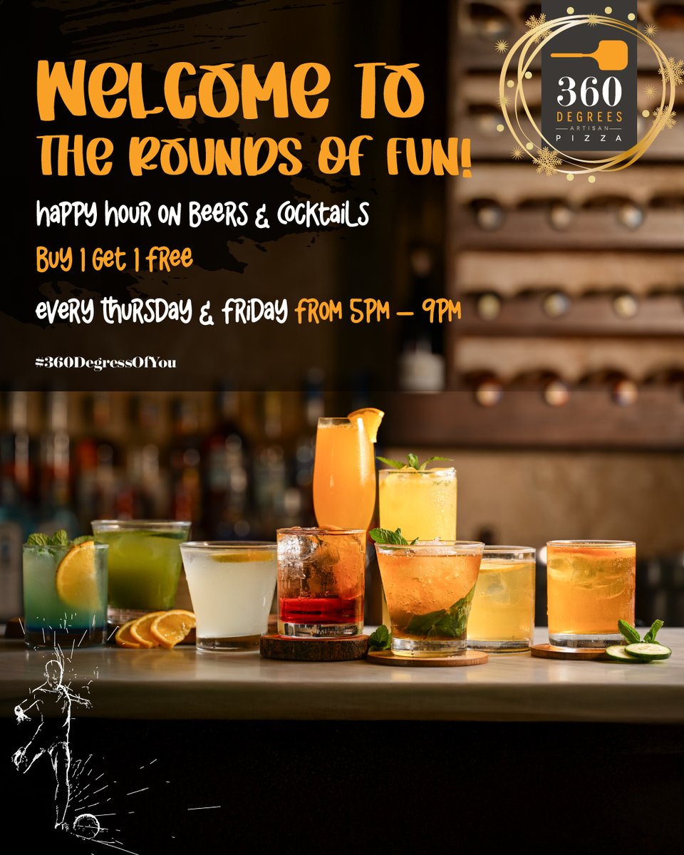 360DegreesRW's tweet photo. Clock out, gather your favorite people, and let the good times begin. Every Thursday and Friday from 5:00 PM to 9:00 PM, enjoy Buy One Get One Free on all beers and cocktails.  #360DegreesOfYou https://t.co/SOLZKrlsIw
