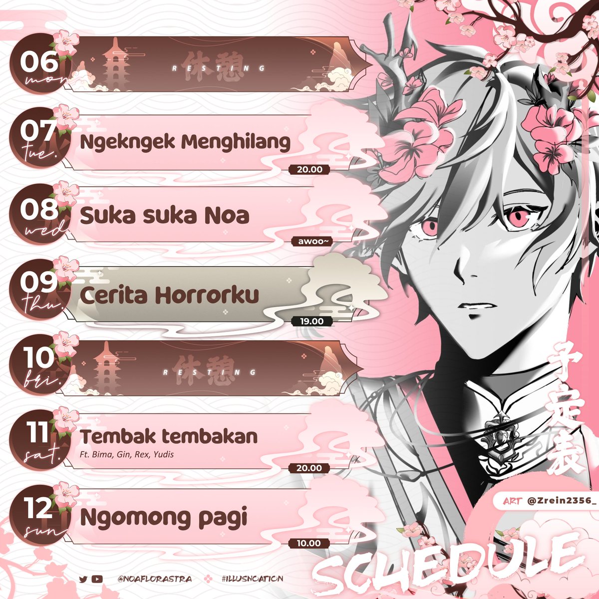 NoaFlorastra's tweet photo. 🌺Schedule🌺
【06 Juli ~ 12 Juli 】
"Lahh ada schedule!!?"

◆ 【Tags】
・General stuff : #NoaFlorastra
・Livestream : #StreamNoa
・Fan art : #IllusNoation
・Clips : #Floraibu
・Meme : #MemePeri
・Sing : #SeNoandung
・Story : #Noafic
・Thumbnail : #Noathumbnail
・Fans : #NonoS https://t.co/yRXyIr3rbA