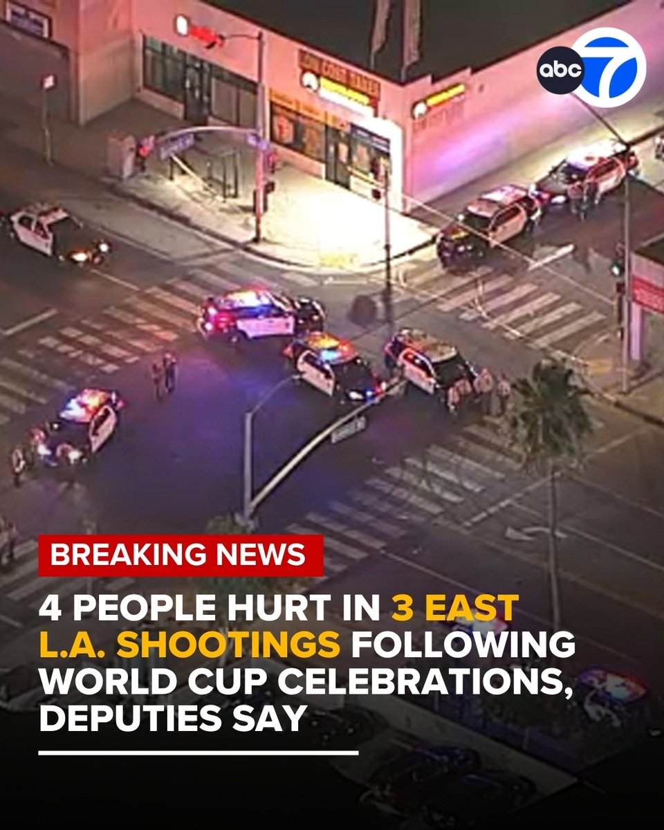 ABC7's tweet photo. Four people were shot across three separate crime scenes in East L.A. following Mexico's World Cup loss to England. Deputies are investigating whether the shootings are connected.

Read more: https://t.co/Xae4MIpw97 https://t.co/Wq8lwtmc6j