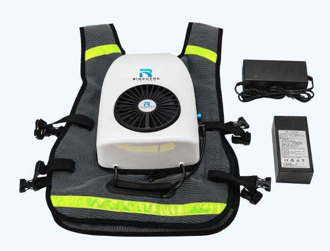 NukitToBeSure's tweet photo. You could maybe add cooling using an elastomeric half-mask-style PAPR.

You can cool the body with inhaled cold air-
https://t.co/zZEvVSZYQ6

So, back-of-the-napkin math: a PAPR with a hood requires 170 L/min, versus 115 L/min for an elastomeric half-mask (NIOSH).

So if we want to cool 50% RH air (can't dry out those mucous membranes) from 40°C to 22°C, that's maybe 225 W for a hood but just 155 W for an elastomeric mask if you are using TEC/Peltier. So using a mask will save you a lot of power, weight etc.

The problem with a TEC is that even with a more efficient mask design running at 115 W, you still have to dump around 300 W of heat somewhere, which is a huge heatsink and fan, bottle of ice water, etc., that will take up most of whatever size using a TEC saves you.

At that range, you are probably better off with a micro compressor as shown. They still are a lot more efficient at this kind of thing. One of those would take about 50-60 W to run, and maybe have to dump only 170 W. They are kind of bulky, but I have seen some neat wearable designs and DIY bare bones micro compressors for sale.

Then you have to design something pressure-tight with fins to cool the air from the PAPR- and that's kind of a pain since those designs tend to leak eventually- which is why very cheap Chinese PAPRs are not so great.

It's doable, but it would be more work than it looks like. (Sorry, can't help, provide links etc, dance card is full folks)