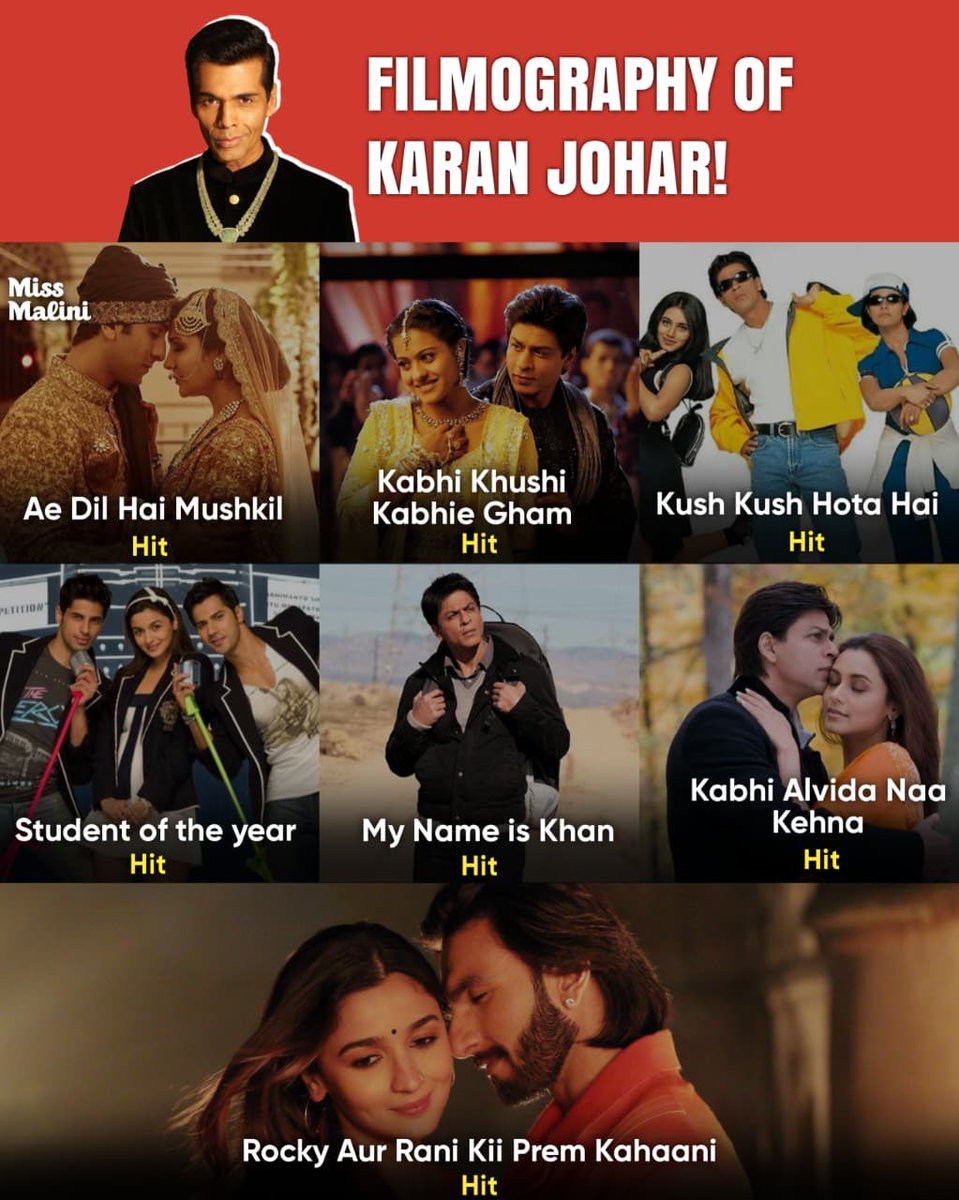 MissMalini's tweet photo. Hit after hit after hit! 💯 Celebrating the iconic, colorful, and drama-filled filmography of Karan Johar. 🍿🎬
#missmalini #KaranJohar #Filmography https://t.co/PlXdEAk3C5