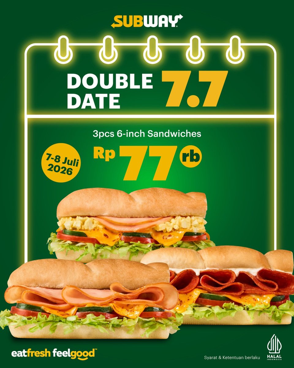 Giladiskon's tweet photo. Double Date 7.7, double hematnya 🥳

Jangan lewatkan cuma 7-8 Juli, nikmati 3pcs 6-inch Sandwich hanya Rp77.000 

Pilih Sandwich favoritmu dapat di mix & match: Pepperoni & Cheese/ Chicken Slice/ Beef Slice/ Chick ’N Chick.

Syarat & Ketentuan berlaku:
- Harga sudah termasuk pajak.
- Pilihan roti Italian White/ Wheat.
- Tidak dapat digabung dengan promo non-tunai lainnya.
- Tidak berlaku di restoran area Bandara.
- Berlaku untuk Dine-in & Takeaway.