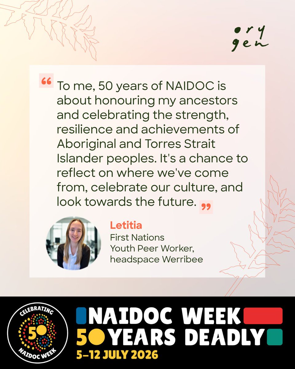 orygen_aus's tweet photo. For Letitia, First Nations Youth Peer Worker at headspace Werribee, this year's #50YearsOfDeadly NAIDOC theme acknowledges the "strength, resilience and achievements" of First Nations peoples across generations.

Explore #NAIDOCWeek events near you: https://t.co/mv0mV6xECC https://t.co/xg179oaHNM
